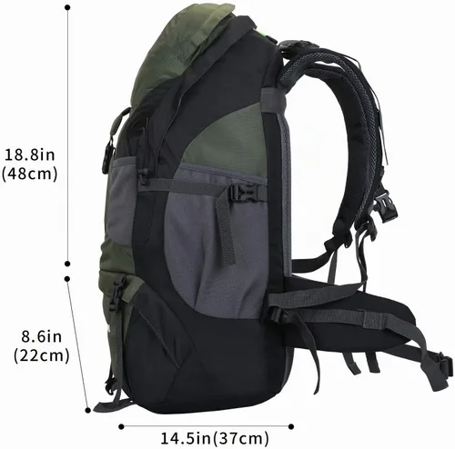 Vista 5 de Mochila de senderismo RuRu monkey de 50L, mochila ligera impermeable para camping al aire libre y viajes Verde militar