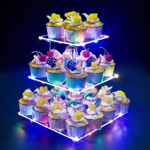 Vista 18 de Soporte para Cupcakes, Soporte Redondo para Cupcakes de 4 Niveles con Tira de Luces LED, Torre de Exhibición de Cupcakes de Acrílico para Bodas, Azul