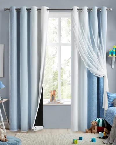 Vista 11 de Cortinas 100% opacas con superposición de gasa Mix and Match de doble capa, 54 pulgadas de largo, 2 paneles para dormitorio y sala de estar, azul