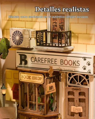 Vista 3 de Rolife Kit de rincón de libros de bricolaje 3D de madera para adultos, estantería de 9.5 pulgadas, decoración interior con kit de casa de muñecas