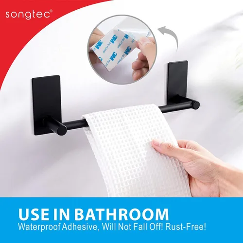 Vista 5 de Barra de Toalla Adhesiva Negra de 9 Pulgadas, Soporte de Toalla de Baño Adhesivo, Soportes de Toalla de Mano, Sin Perforación en la Pared - Negro