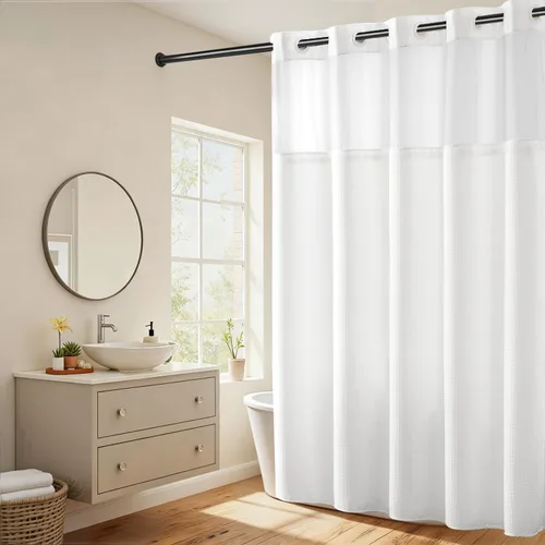 Vista 55 de Cortina de baño River Dream de gran peso sin ganchos necesarios con diseño de gofre punteado y forro a presión - 36W x 74H, de calidad hotelera