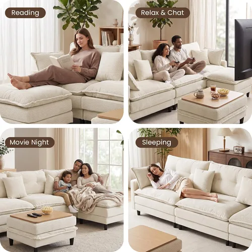 Vista 9 de Sofá de nube en forma de L de 73.5 pulgadas, sofá modular con mesa auxiliar otomana, sofá biplaza de pana con almohada, cómodo y moderno sofá