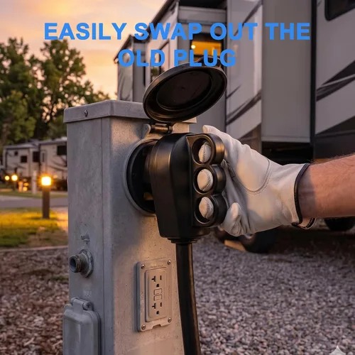 Vista 2 de Enchufe RV de 50 amperios, NEMA 14-50P 125/250 voltios, enchufe macho de repuesto resistente con asas ergonómicas para RV, EV, cable generador