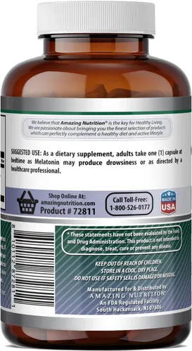 Vista 4 de Amazing Formulas Suplemento de melatonina 5 mg por porción 240 cápsulas Sin OMG Sin gluten Fabricado en Estados Unidos