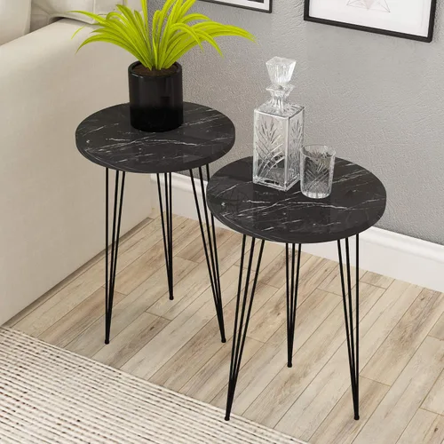Vista 14 de Juego de 2 mesas auxiliares redondas de madera para sofá para espacios pequeños, mesita de noche con patas de metal para dormitorio, sala de estar