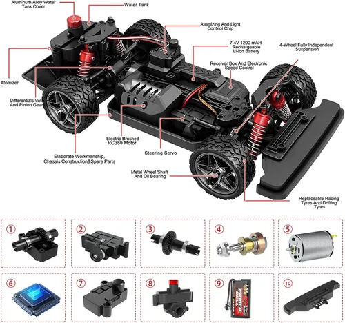 Vista 2 de Coche de deriva RC 1/16, 35 KM/H 4WD de alta velocidad con motor 380, dos baterías y luz LED y aerosol, auto RC de 2.4 GHz para adultos y niños