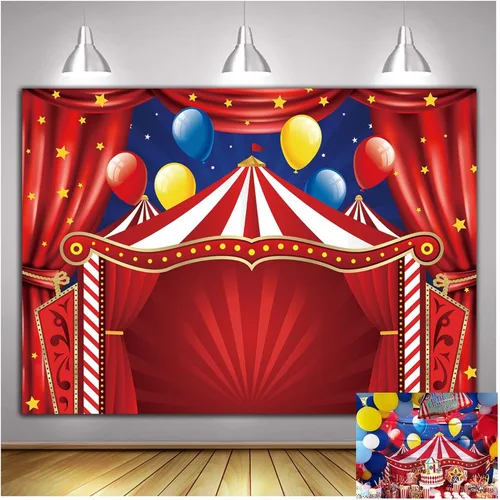Vista 8 de Telón de fondo de carpa de circo roja Big Top temática de carnaval fiesta de cumpleaños fondo de fotografía para recién nacidos baby shower cabinas