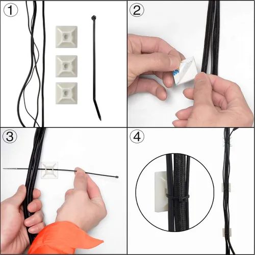 Vista 4 de XHF 200 PCS Soportes Autoadhesivos Negros de 1/2" para Bridas de Cables con Cremallera Clips de Cables de Alambre Soportes Organizadores de Anclajes