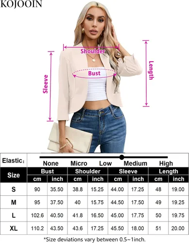 Vista 7 de KOJOOIN Chaqueta corta casual de negocios para mujer, manga 34, sin cuello, frente abierto, chaqueta de trabajo