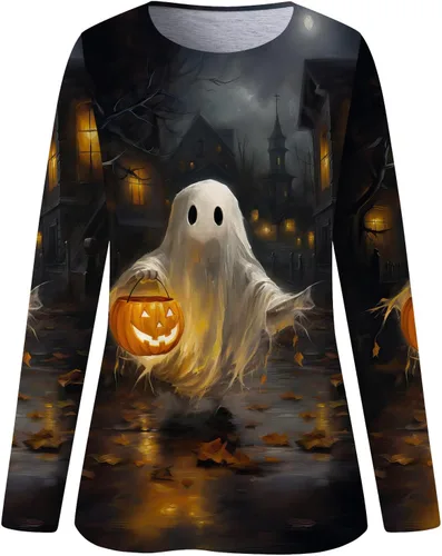 Vista 4 de Camisas de Halloween 2023 para mujer, camisetas casuales con gráficos de calabaza, camisetas de manga 34, blusa tipo túnica de cuello redondo