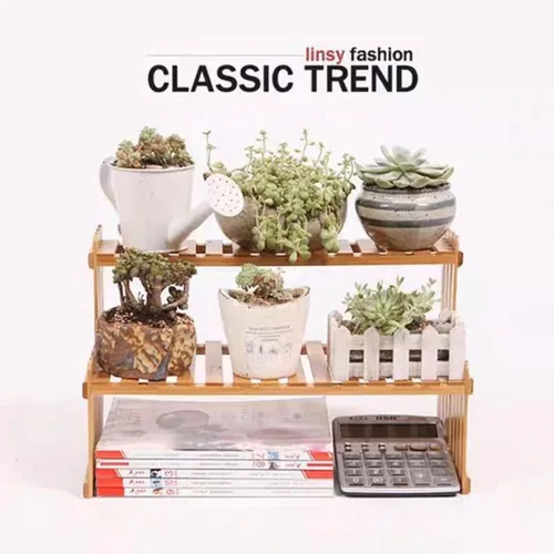 Vista 5 de Estante de plantas de bambú de 2 niveles de 14.6"/10.8"/18.5"/22.8", soporte para macetas de flores de escritorio, estante de escritorio ajustable