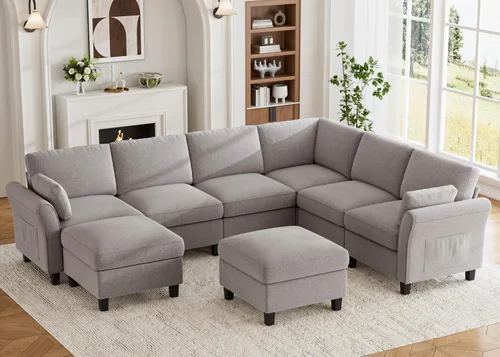 Vista 15 de Legend Vansen Sofá modular seccional, cómodo sofá modular en forma de U de 6 asientos con espacio de almacenamiento y diván, sofás seccionales Crema