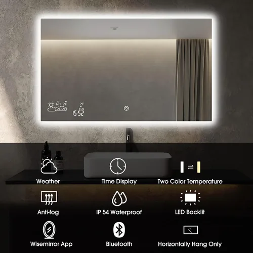 Vista 2 de Espejo de baño LED de 40 x 24 pulgadas con luces, WiFi Smart Bluetooth iluminado espejo de tocador para baño con retroiluminación de 2