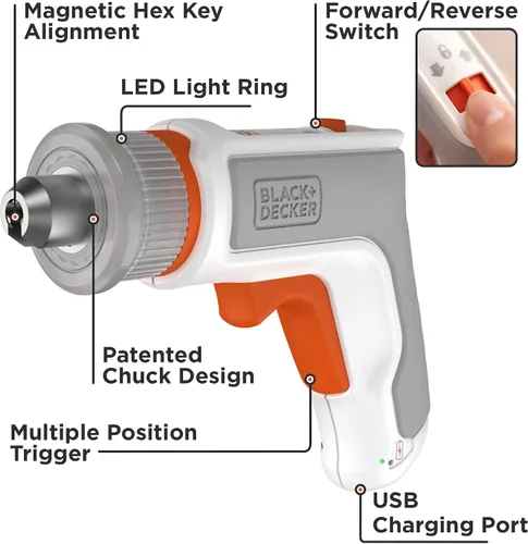 Vista 2 de beyond by BLACK+DECKER - Destornillador inalámbrico de 4 V MAX*, hexagonal, en forma de L, puntas surtidas de 2 pulgadas (BCRTA601WAPB), color blanco
