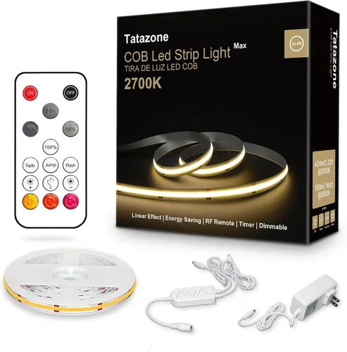 Vista 15 de Tatazone Tira de luces LED COB blancas Max con control remoto RF, 16.4 pies 2700K CRI93+ regulable, tira de luz COB blanca cálida ultra brillante
