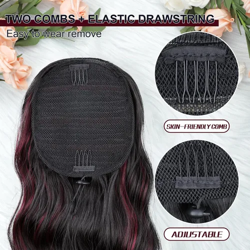 Vista 3 de FREEMEIGE Extensión de Cola de Caballo de 22 Pulgadas Negro Mezclado con Burdeos Larga Ondulada con Cordón Extensión de Cola de Caballo para Mujeres