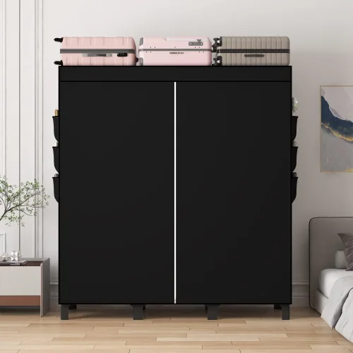 Vista 7 de Armario portátil, caja de almacenamiento de ropa, armario simple para colgar ropa, múltiples estantes y 3 barras, 6 bolsillos laterales (negro)