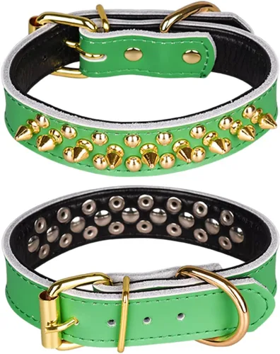 Vista 11 de Collar de perro con tachuelas, collar de perro de cuero genuino, collares ajustables para mascotas pequeñas o medianas (S, negro-1)