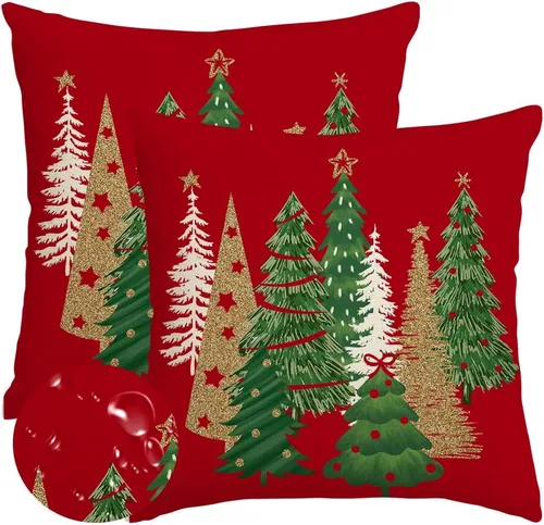 Vista 9 de RABUSOFA Fundas de almohada de Navidad para exteriores de 18 x 18 pulgadas, impermeables, decoración de árbol de Navidad, fundas de almohada