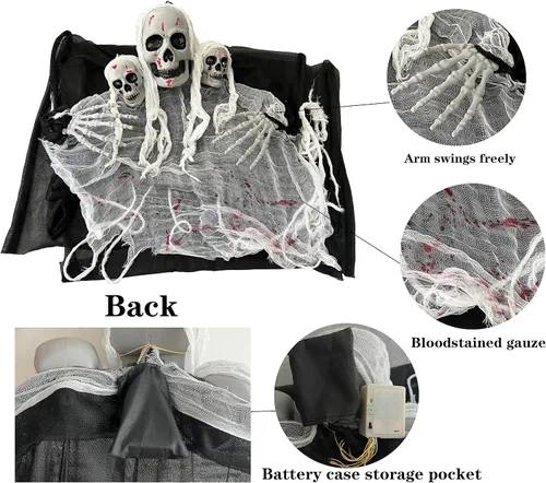 Vista 4 de Decoraciones colgantes de Halloween al aire libre – Fantasma esqueleto de 70 pulgadas con 3 cabezas de esqueleto iluminadas ojos rojos espeluznantes