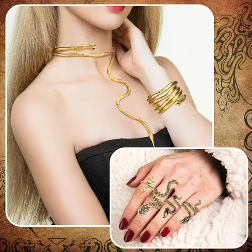 Vista 6 de Chicingyou Juego de 10 disfraces de Halloween de Medusa, accesorios de joyería de serpiente dorada para mujer, con capa larga con capucha, capa