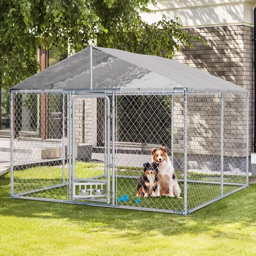 Vista 8 de Grepatio Perrera para perros al aire libre de 7.5 x 7.5 pies con techo, recinto exterior para perros con 2 comederos giratorios, cerca para perros