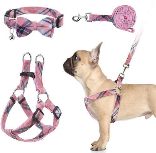 Vista 14 de Juego de arnés para perro con correa y collar de corbatín - Arnés para cachorro a cuadros beige, a prueba de escape, chaleco ajustable sin tirones
