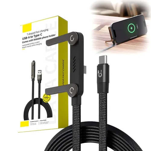 Vista 8 de Cable de carga rápida trenzado de 240 W con soporte para teléfono integrado, cable de carga USB-C a USB-C duradero en forma de T 2026, cable de negro