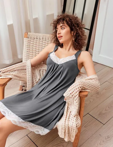 Vista 4 de Ekouaer Camisón de mujer con cuello en V, ropa de dormir de encaje, lencería suave para mujer