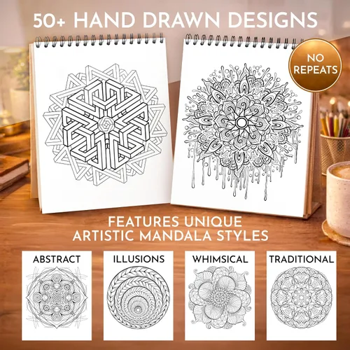 Vista 2 de Libro de colorear mandala RYVE para adultos - 50 mandalas únicas para relajación y alivio del estrés - Libro de colorear para adultos en espiral