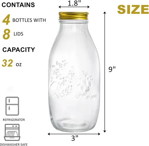 Vista 2 de ZOOFOX Paquete de 4 botellas de leche de vidrio de 32 onzas con tapas, recipiente de leche vintage para refrigerador, botellas de jugo de vidrio