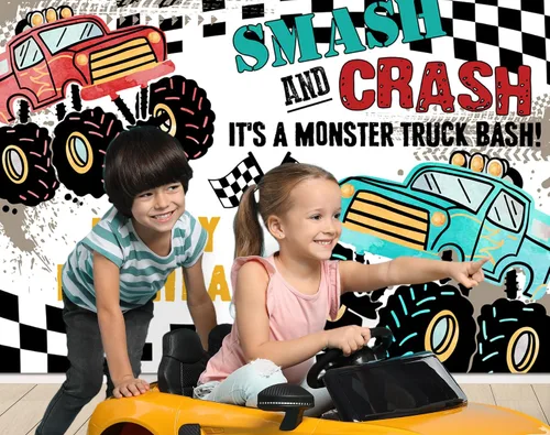 Vista 4 de Ticuenicoa Grave Digger - Fondo de cumpleaños de Monster Truck – Fondo de cabina de fotos con diseño de llama de 5 x 3 pies para niños, decoración