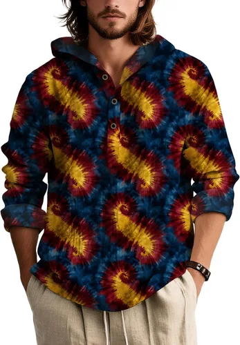 Vista 16 de Camisas de manga larga con estampado de teñido anudado para hombre, sudadera con capucha de 3 botones, sudadera retro cómoda con capucha