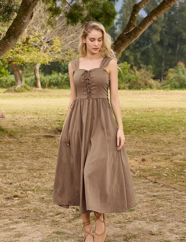 Vista 4 de Scarlet Darkness Vestido midi de verano renacentista para mujer, sin mangas, con cordones