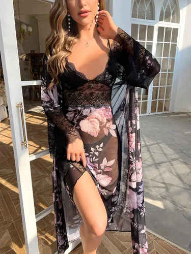 Vista 4 de WDIRARA Conjunto de pijama de 2 piezas para mujer, con estampado floral, con encaje y abertura de malla