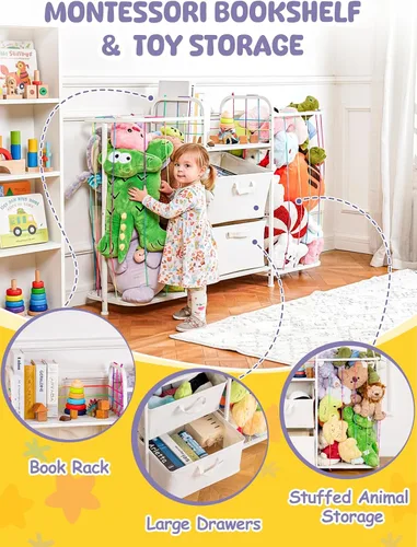 Vista 2 de VBABY Estantería para niños y almacenamiento de juguetes, estante grande 3 en 1 para habitaciones de niños, zoológico de animales de peluche