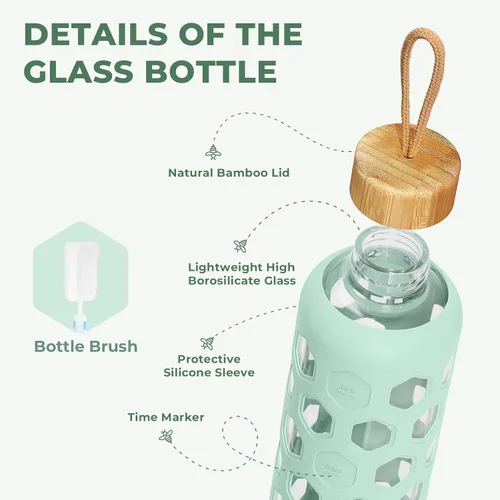 Vista 3 de Botella de agua de vidrio de 32 onzas con tapa de bambú, botellas reutilizables transparentes con funda de silicona y marcador de tiempo, vaso
