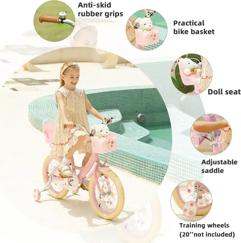 Vista 3 de Bixike Girls Bike with Basket for Toddlers and Kids Aged 3-14 Years Old, 12 14 16 18 Inch with Training Wheels & Doll Seat, 20 Inch with Kickstand &