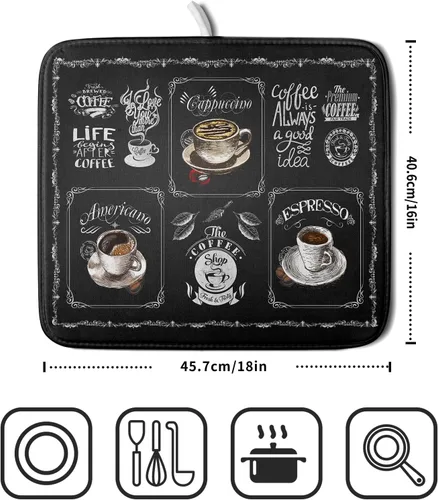 Vista 2 de Giwawa Tapete de secado de platos de café, vintage, antifatiga, taza de expreso, máquina de frijoles negros, tapete escurridor de platos, protector