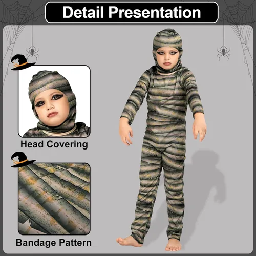 Vista 4 de Camlinbo Halloween Mummy Costume for Kids Girls Boys Mysterious Egyptian Mummy Suit Cosplay Outfit Halloween Party Dress Up