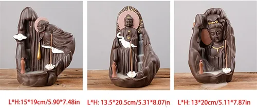 Vista 2 de Quemador de incienso de reflujo de humo de arena morada, quemador de incienso que representa el loto dorado Guanyin, sándalo, decoración del hogar