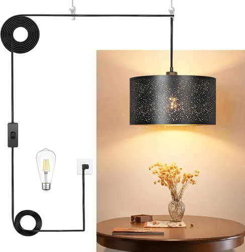 Vista 11 de Luz Colgante Enchufable, Lámpara Colgante con Cable Enchufable, Luces Colgantes Rústicas de Granja con Bombilla Regulable de 3 Vías, Accesorios
