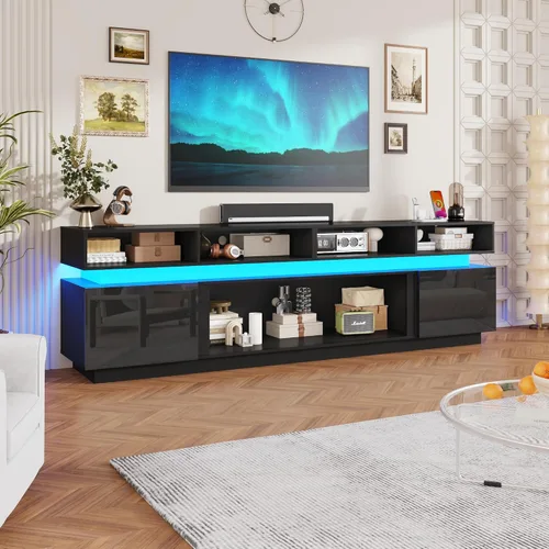 Vista 14 de chartustriable Soporte de TV LED para TV de 80 pulgadas, centro de entretenimiento alto moderno con tomas de corriente, soporte de TV de alto
