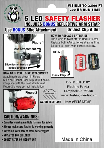 Vista 6 de Flashing Panda Luz de seguridad y reflector para bicicleta/jogging, 5 LED rojos, 6 funciones