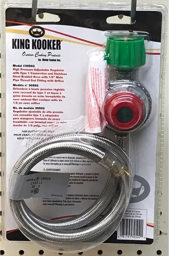 Vista 2 de King Kooker 30502 Regulador ajustable de alta presión con conexión tipo 1 y manguera trenzada de acero inoxidable con conector de extremo de rosca