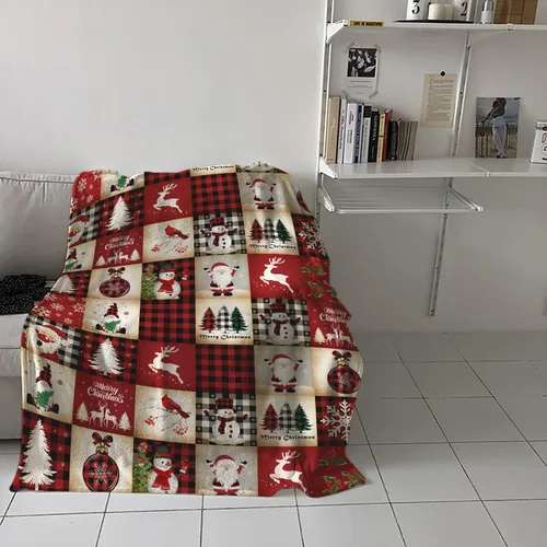 Vista 4 de Manta de franela a cuadros rojos de Navidad súper suave, mantas de forro polar de reno, Santa, muñeco de nieve, árbol de Navidad, manta afelpada