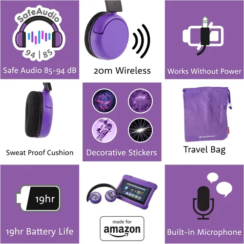 Vista 5 de Hecho para Amazon, auriculares Bluetooth para niños, edades (8-15)