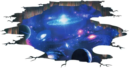 Vista 6 de Calcomanías de pared 3D de PVC, diseño mágico 3D de cielo estrellado estrellado, lobo y luna, para pared, de la vía láctea, espacio exterior