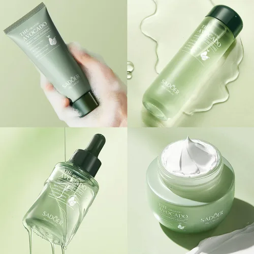 Vista 2 de Kit de cuidado de la piel de aguacate de 7 piezas, set de regalo para el cuidado de la piel con limpiador facial, tónico, loción, suero facial